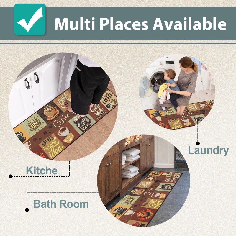 Carvapet 2 Pieces Non-Slip Kitchen Rug TPR Non-Skid Backing Mat for Doorway Bathroom Runner Rug Set, Coffee Design (17"x48"+17"x24") - Image 5